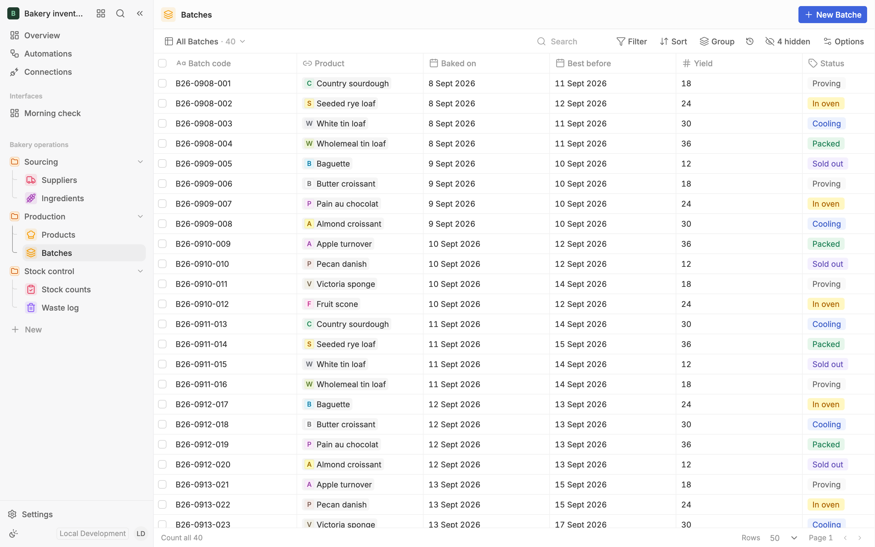Bakery inventory template, batches